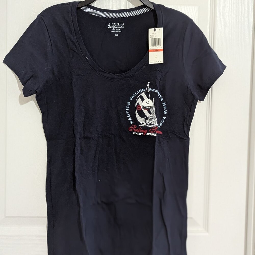 NWT Nautica Navy Blue Embroidered Logo Crew Neck Cotton ClassicTee T-Shirt Sz XS